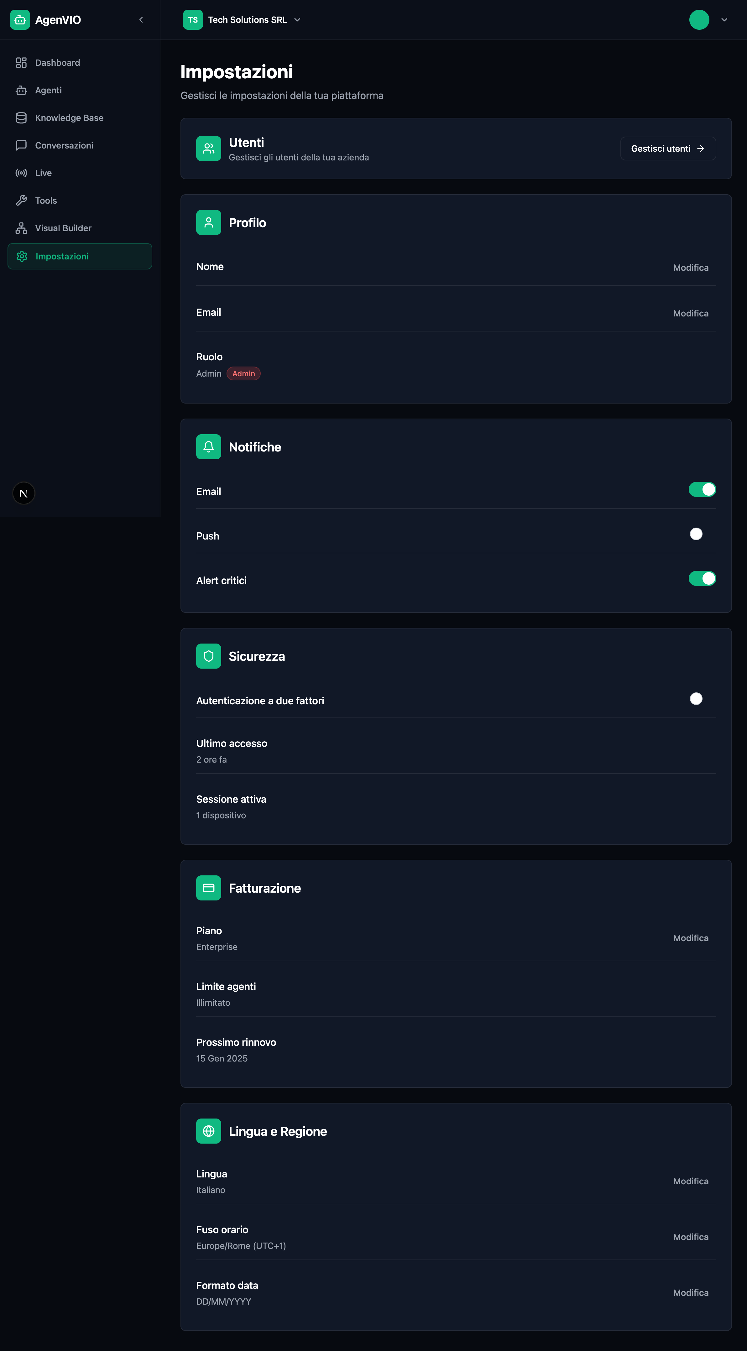 Dashboard AgenVIO - Impostazioni
